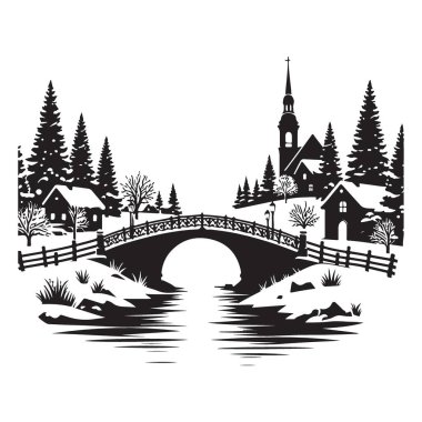 Kış Köyü Siluet Vektörü Sanat Sahnesi Karlı Peyzaj Köprüsü