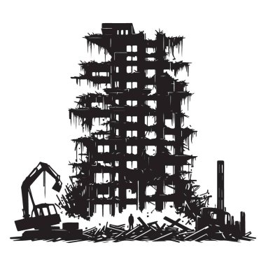 Bina yıkım vektörü silueti tahribatı ve kentsel bozulma