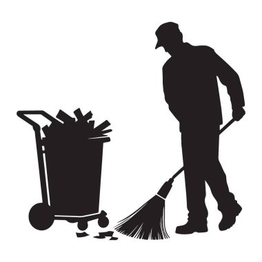 Bir sokak süpürücüsünün silueti ve araba temizleme vektörü çizimi