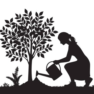 Ağaç vektörü resimlerini sulayan bir kadının silüeti.