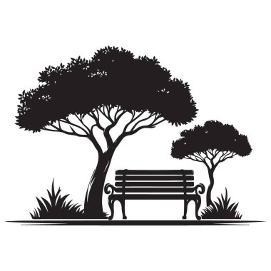 Siluet Serene Park Bench Ağaçların Altında Vektör İllüstrasyonu