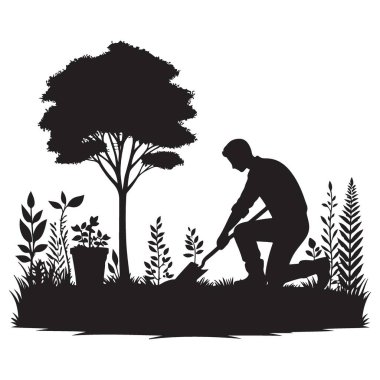 Bahçe Silueti Dikimi Ağaçlar ve Bitkiler Vektör İllüstrasyonu