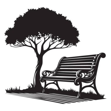 Bir ağaç illüstrasyonunun altındaki park bankında huzur ve sükunet sağlanıyor