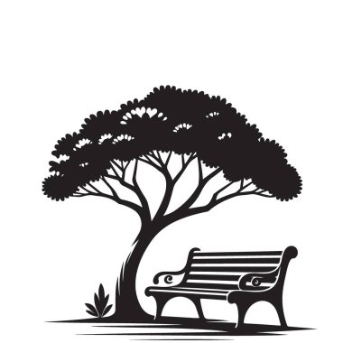 Serene Park sahnesinde yapraklı ağacın altında siluet bir bank var.