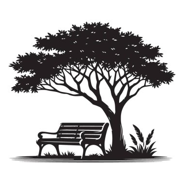 Peaceful Park Bench Ağacın Altında Siluet Vektör Gevşeme Sahnesi