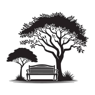 Lush Trees Vektör Grafiğinin Altında Tranquil Park Bench Silueti