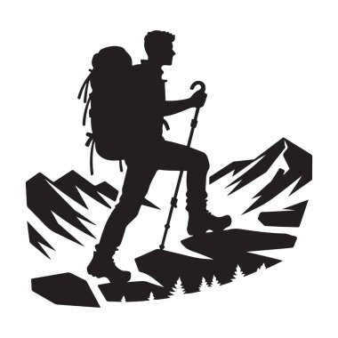 Erkek Yürüyüşçü Silueti Görkemli Dağ Manzarası Sanatında Yolculuk Ediyor