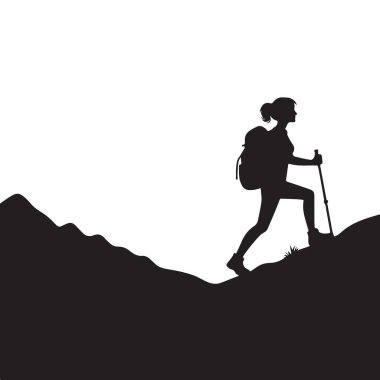 Dişi Yürüyüşçü Silueti Dağ Macerası Vektör Tasarımı Yükseliyor