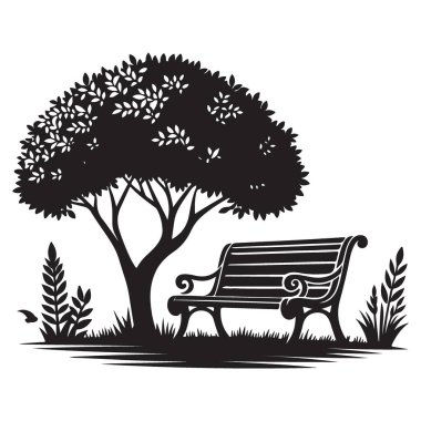 Siluet Park Bench Ağaç Altında Vektör Resimleri Rahatlama Anları