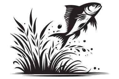 Sudan Atlayan Siluet Balığı Çimen Çevre Vektör Sanatı