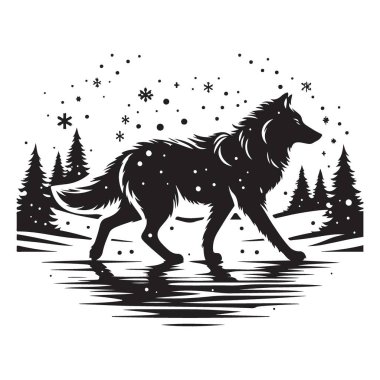 Wolf Silhouette 'in Kış Harikalar Diyarı Serene Wilderness Sahnesi