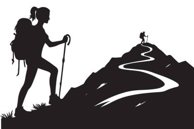 İlham verici Siluet Yürüyüş Macerası Dağ Yolculuğu Vektör Resimleri