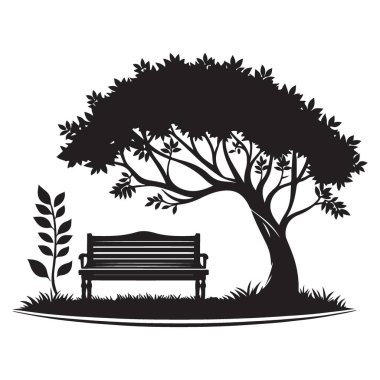 Siluet Ağacı Benç Çizimi Huzurlu Açık Alan Park Sahne Tasarımı