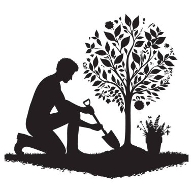 Siluet Bahçıvan Bahçıvan Bahçe Tasarımı için Ağaç Vektörü İllüstrasyonu