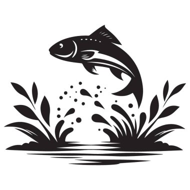 Sudan Atlayan Somon Balığı Siluet Vektör İllüstrasyonu