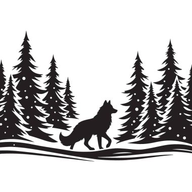 Evergreen Ormanında Yürüyen Kurt Silueti Huzurlu Vahşi Yaşam Sahnesi