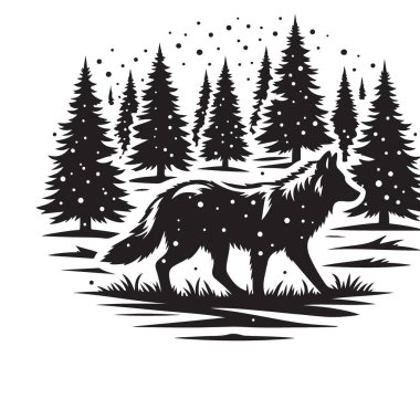 Evergreen Trees ve Snowflakes 'in ortasında Gizemli Kış Kurt Görünümü