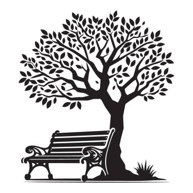 Siluet Ağacı Benç Huzurlu Park Sahne Vektörü Çizim Tasarımı