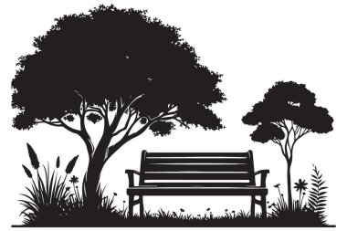 Doğa manzarası için ağaçlı ve otlu bir bank silueti çizimi