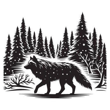 Karlı orman vektör çiziminde görkemli kurt silueti