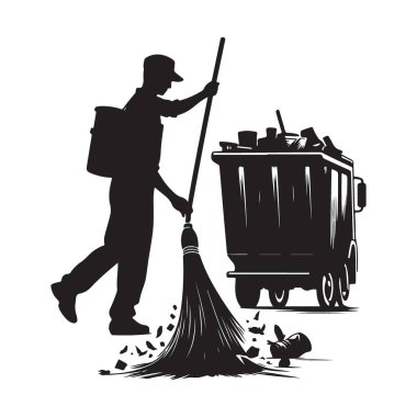 Siluet Sokak Temizleyici Süpürge ile Çöp Kamyonu Çizimi
