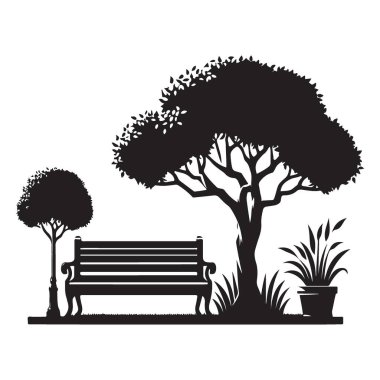 Siluet Park Bench Ağacın Altında, Lamba Postası Manzarası Çizimi