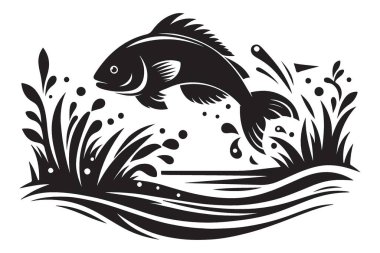 Sudan Atlayan Görkemli Balık. Siluet Doğa Vahşi Yaşam Sanatı.