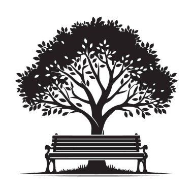 Park Bench Ağacın Altında Siluet, Serene Açık Hava Vektör İllüstrasyonu