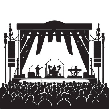 Müzik Konseri Sahne Silueti Kalabalık Performans Vektörü İllüstrasyonu