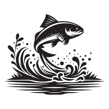 Tişört ve Sanat İçin Sıçrayan Balık Silüeti Çizim Vektörü İndirme