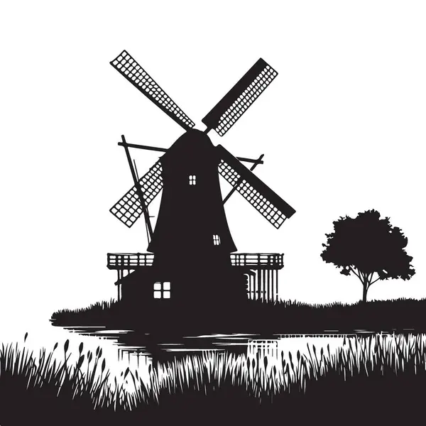 Klasik Yel Değirmeni Silueti Serene Gölü Görünümü Yanı Başında