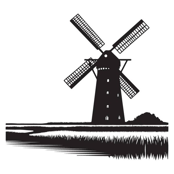 Windmill Silhouette Standing in a Field with Waterway Illustration