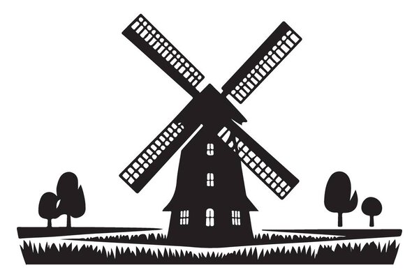 Silhouette Traditional Windmill in Netherlands Landscape for Icon Design