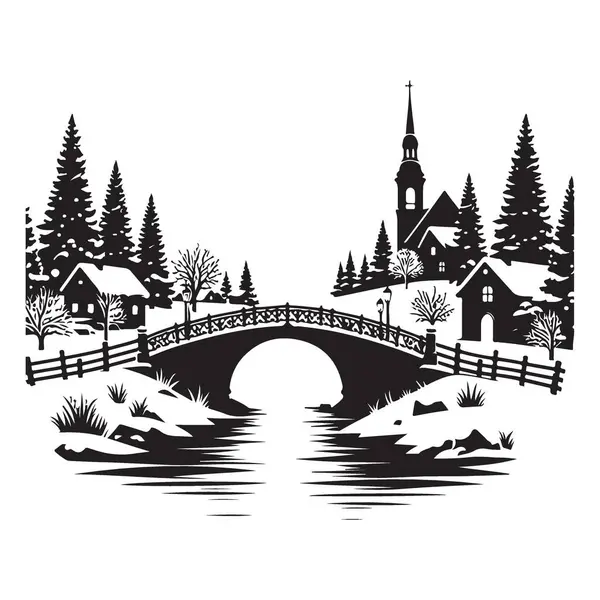 Kış Köyü Siluet Vektörü Sanat Sahnesi Karlı Peyzaj Köprüsü