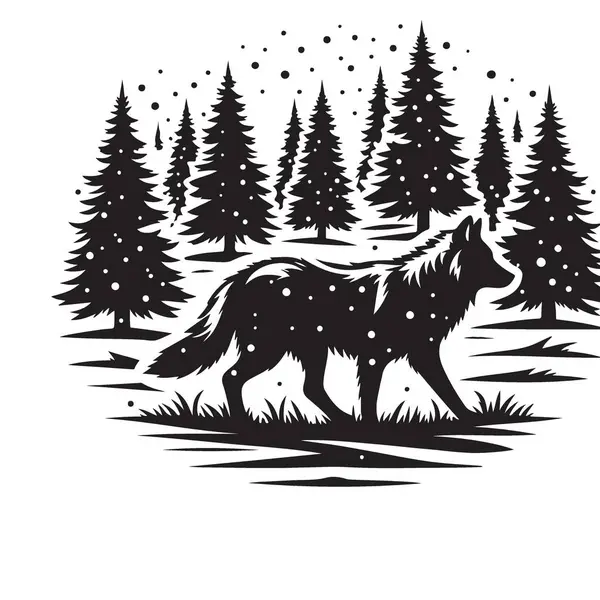 Evergreen Trees ve Snowflakes 'in ortasında Gizemli Kış Kurt Görünümü