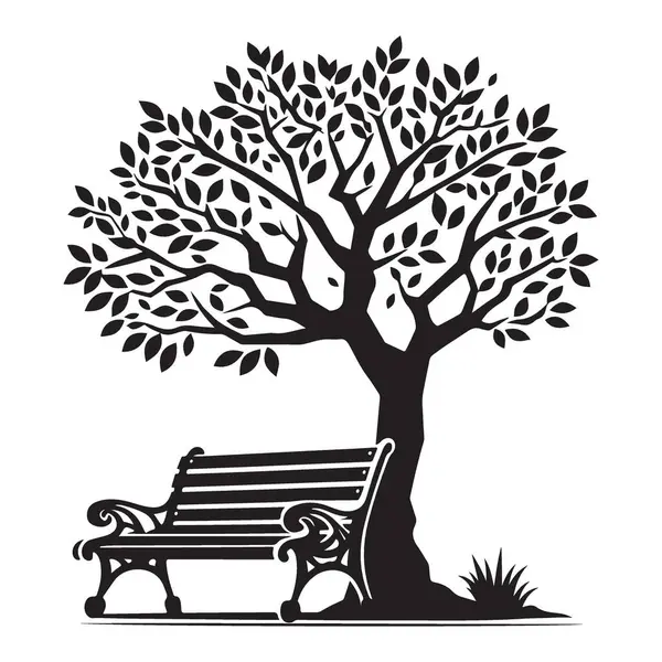 Siluet Ağacı Benç Huzurlu Park Sahne Vektörü Çizim Tasarımı