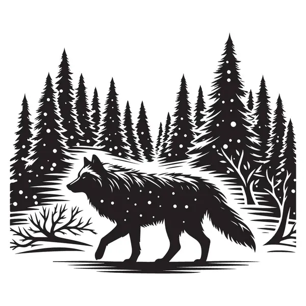 Karlı orman vektör çiziminde görkemli kurt silueti
