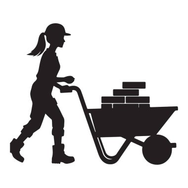 Tuğla yüklü bir el arabasını iten kadın inşaat işçisinin silueti.
