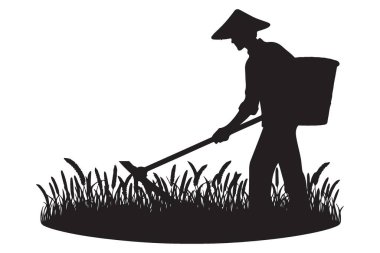 Pirinç tarlasında çalışan Asyalı bir çiftçinin silueti.