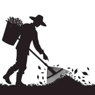 Bir bahçıvanın silueti sonbahar temizliği için yaprakları tırmıklıyor