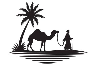 Çölde, palmiye ağaçlı bir deve kervanı silueti.