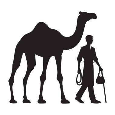 Çöl kervanı silueti Kumlar 'da deveye liderlik eden bir adam.