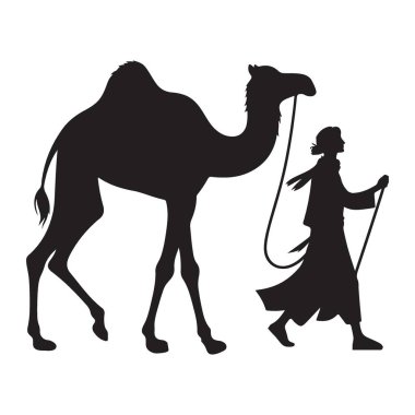 Deve Sürücüsü Siluet Bir Gezgin ve Sadık Çöl Arkadaşları