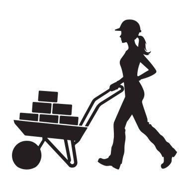 Tuğla taşıyan el arabası taşıyan inşaat işçisi bir kadının silueti.