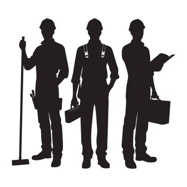 Yetenekli inşaat işçisi silueti ekipman araçları ile takım çizimi