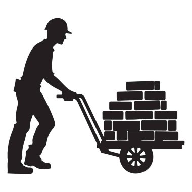 Tuğla resimlerle dolu el arabası siluetini iten inşaat işçisi