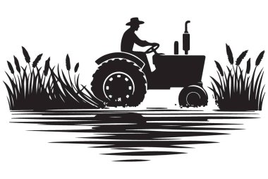 Çiftçi silueti bir çiftlik yansıma manzarasında çalışan traktör