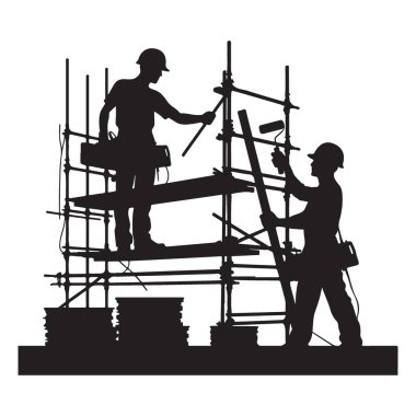 Yapı işçileri, yapı iskelesi çizimi proje yönetimi üzerinde siluet oluşturuyorlar