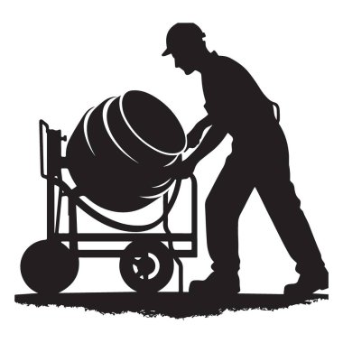 İnşaat işçisi çimento karıştırıcı siluet vektör çizimi yürütüyor