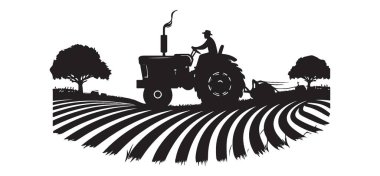 Traktör Tarlası Siluet Vektörü Tarlada İllüstrasyon